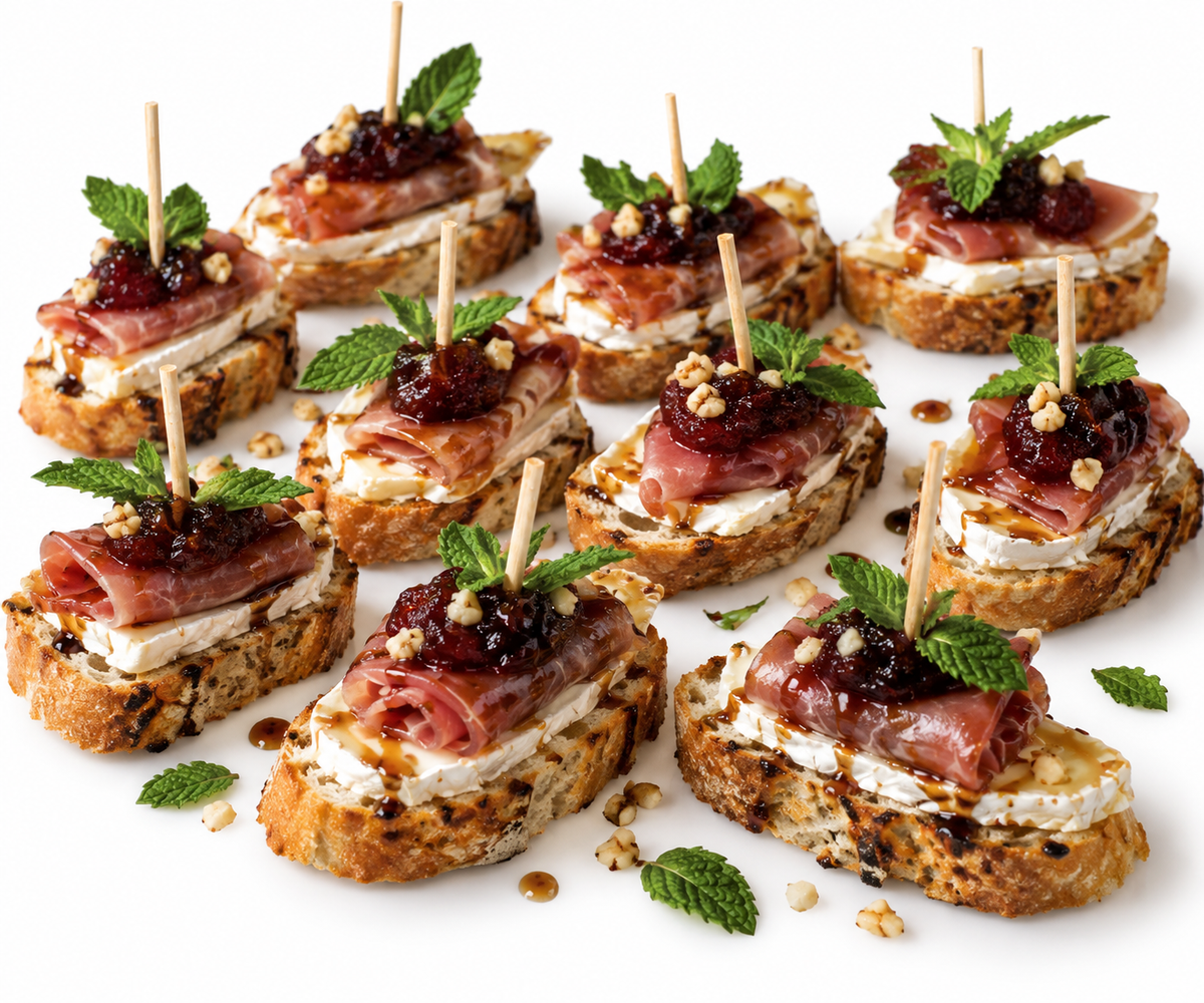 Cranberry, Brie & Parma Ham Balsamic Bruschetta (24 pieces)